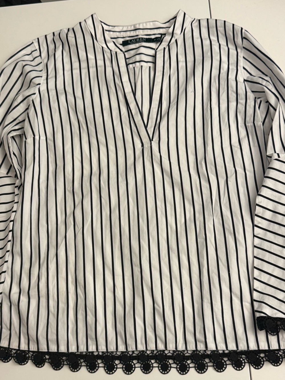 Ralph Lauren White Top with Black Pinstripes & Lace Hem Size M